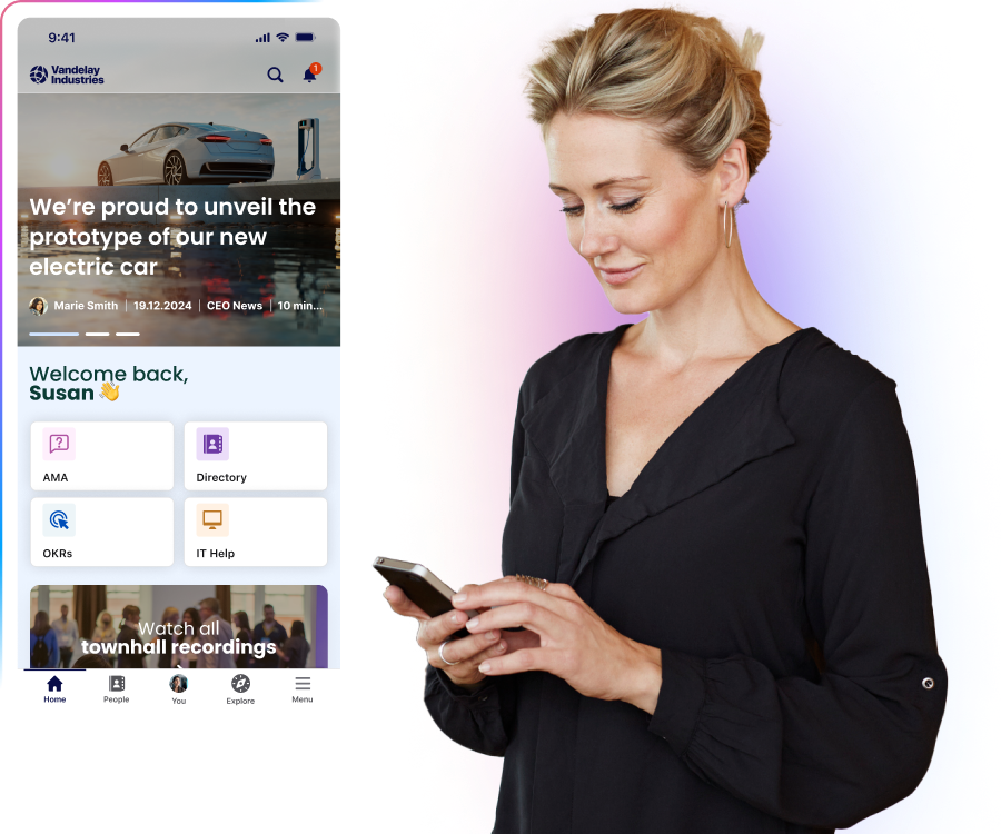A woman in a black blouse uses a smartphone. Beside her is a mobile app interface showing company updates and a welcome message.