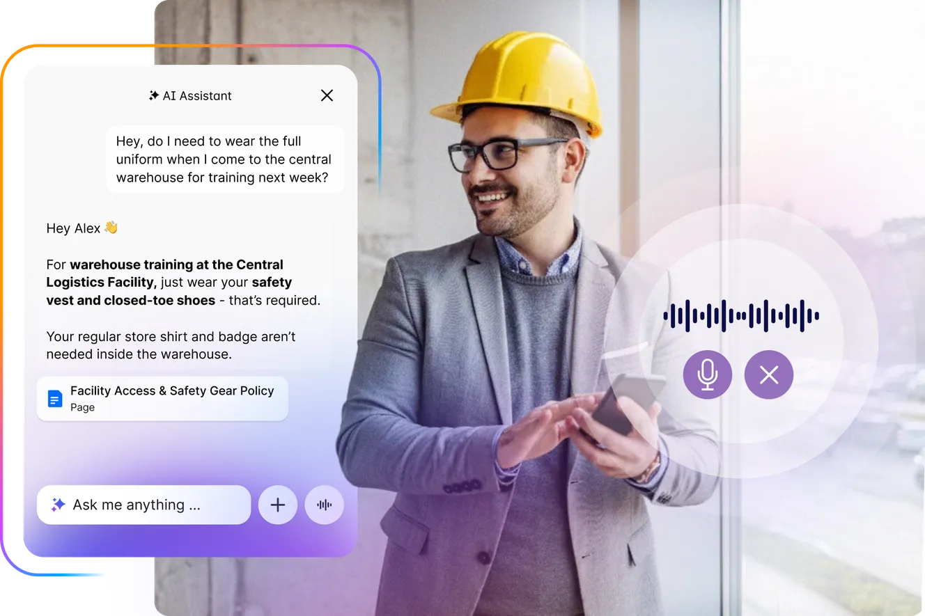 Man in a hard hat using a smartphone next to a digital assistant chat about warehouse safety gear requirements.