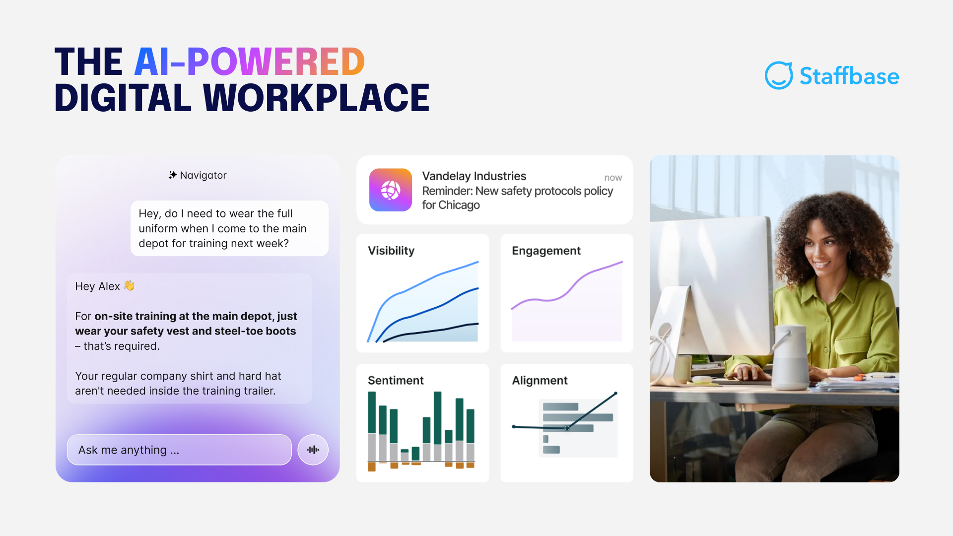 The AI-powered digital workplace shown through features of the Staffbase app
