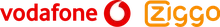 VodafoneZiggo logo with "vodafone" in red and "ziggo" in orange, featuring a stylized circle and square symbol.