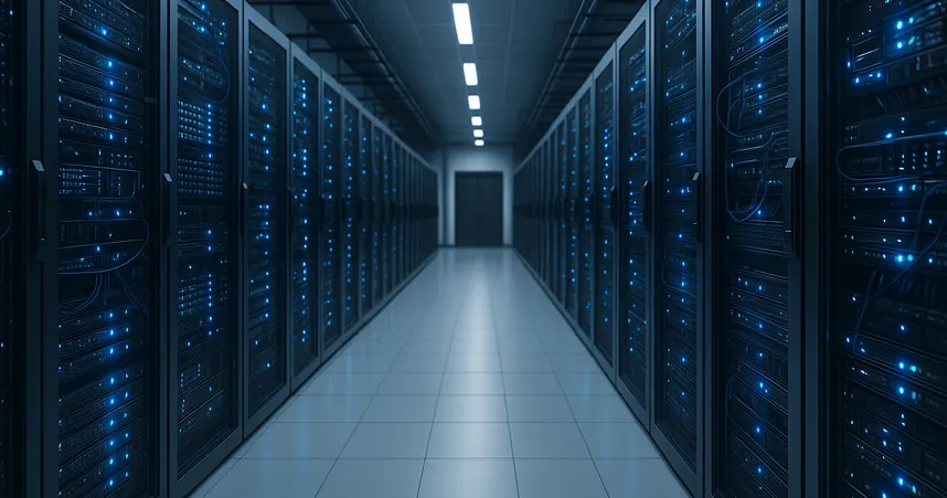 A dimly lit server room with rows of servers on both sides, glowing blue lights, and a tiled floor leading to a closed door.