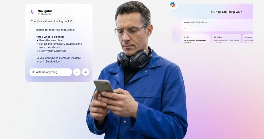 AI Intranet search tools title image featuring frontline worker on his phone