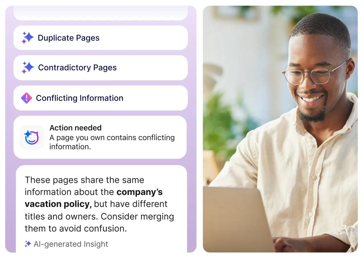 Smiling man at laptop, checking a notification about merging duplicate pages with similar company vacation policy information.