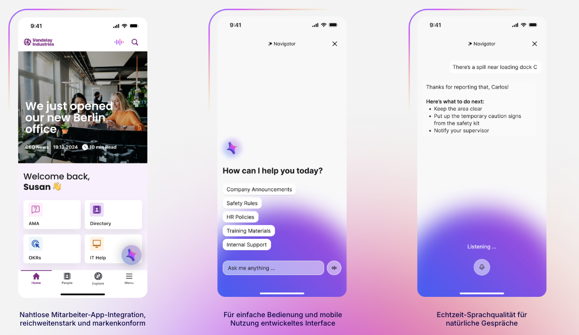 Die Abbildung zeigt den Staffbase Navigator in der Mitarbeiter-App – mit KI-gestützter Suche, intuitiver Navigation und Sprachinteraktion für schnellen Zugriff auf relevante Informationen.