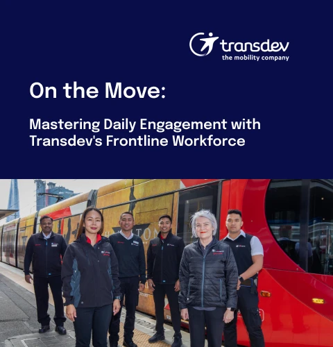 Five people in uniform stand in front of a red tram with "Transdev" branding, under text about mastering daily engagement with the workforce.