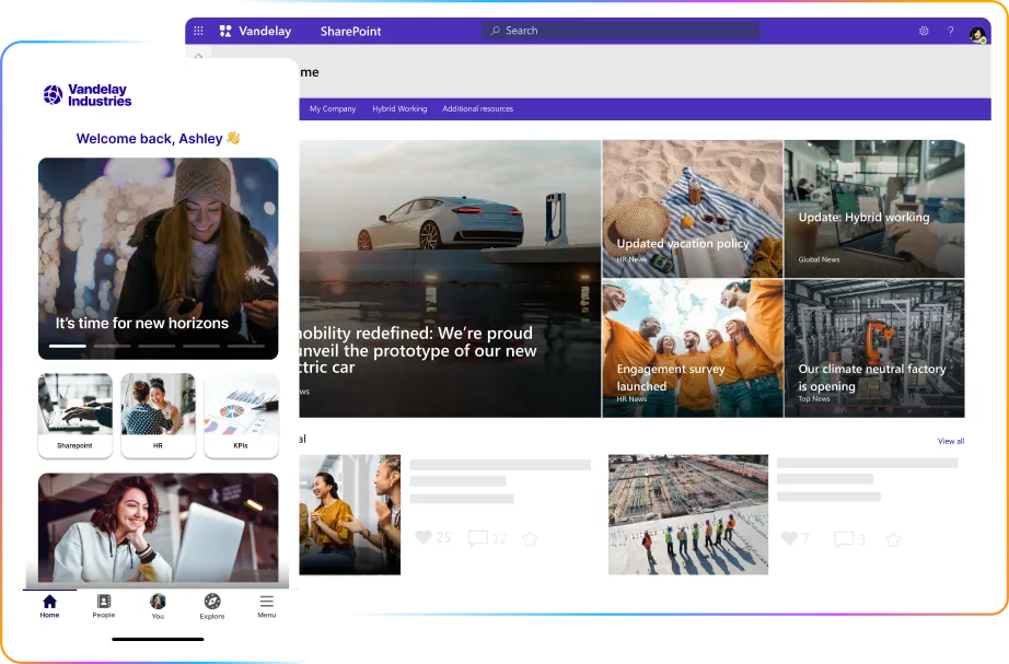 A digital dashboard displaying a welcome message, news articles, and a navigation menu with images of people and a car.
