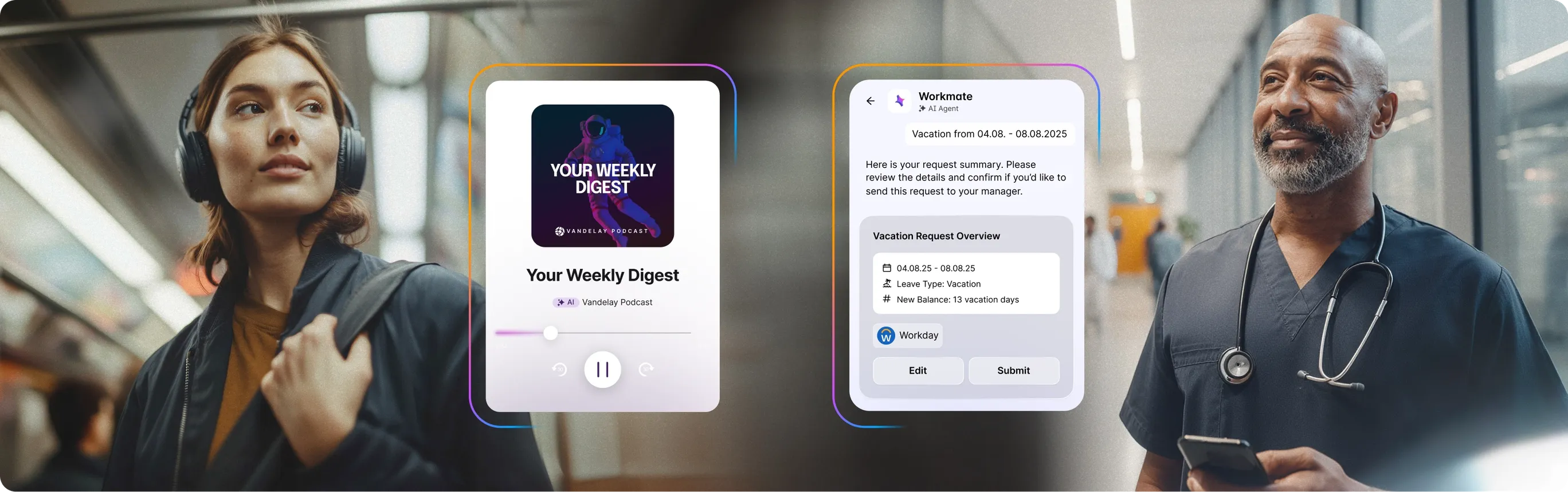A woman with headphones, a podcast app interface, and a healthcare professional in scrubs holding a tablet.