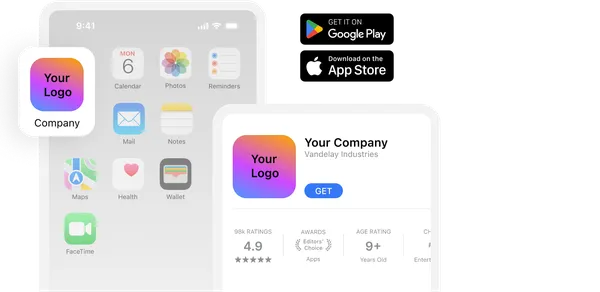 App store download page showing a company app with a 4.9-star rating and "Get" button, alongside Google Play and Apple Store logos.