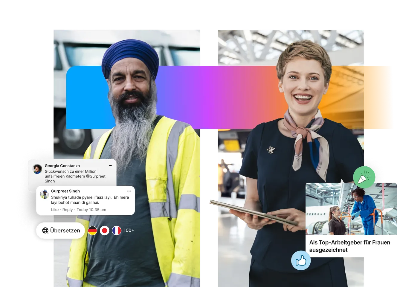 A smiling man in a turban and safety vest; a woman in a uniform holding a tablet. Text bubbles and icons are displayed around them.
