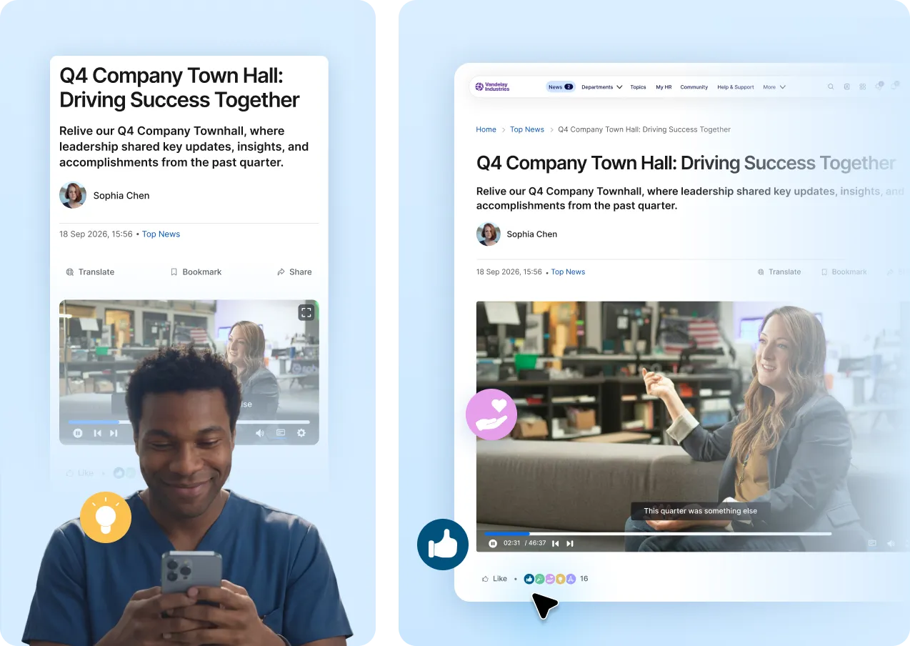Two people engaging with an article titled "Q4 Company Town Hall: Driving Success Together" on digital devices.