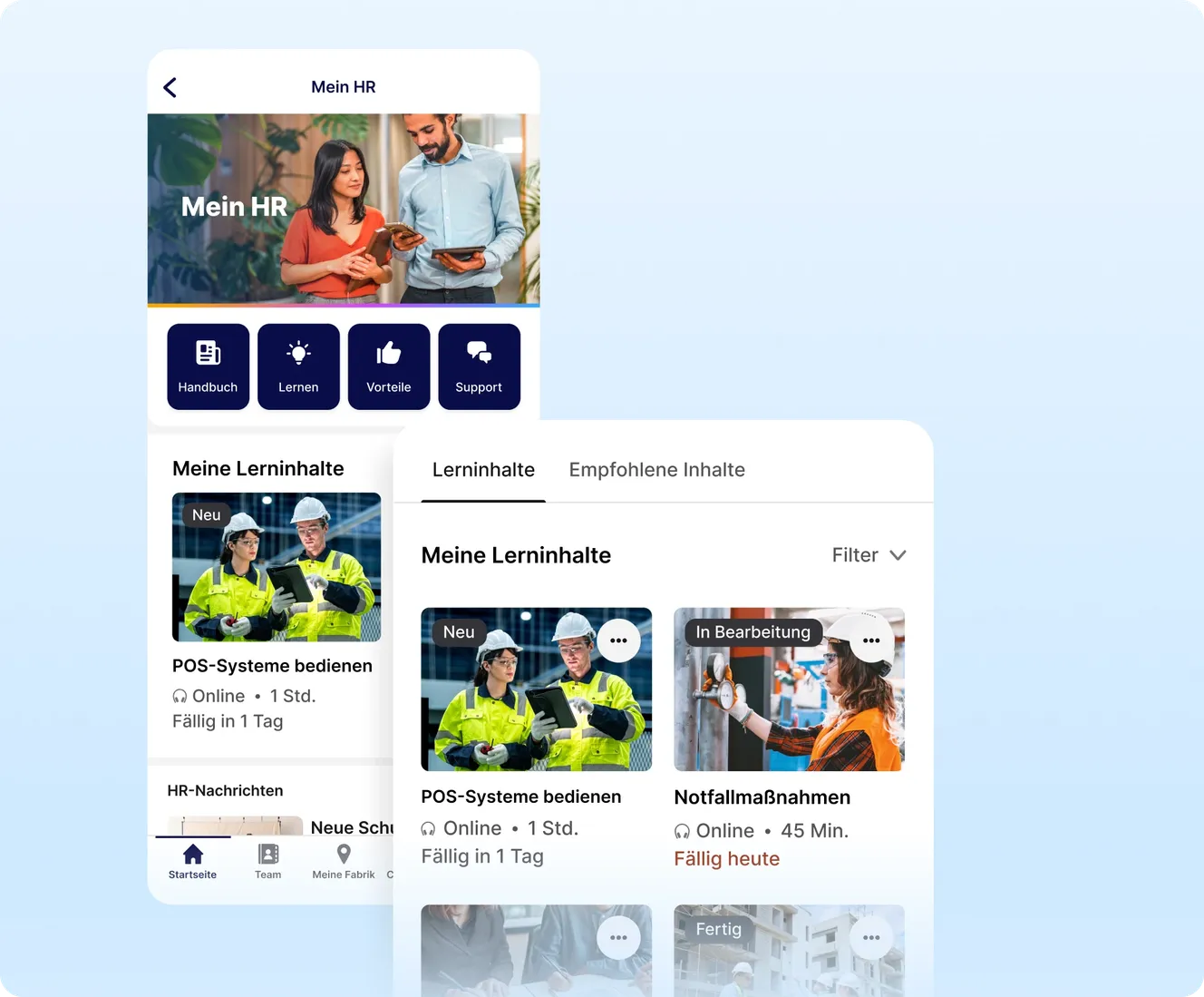 Staffbase-App mit Mitarbeiter-Trainings – zum Beispiel Kurs-Cards für ‚Kasse bedienen‘ und ‚Verhalten im Notfall‘.