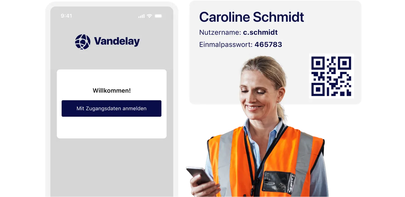 Smartphone showing Vandelay login screen beside a woman in an orange vest holding a phone. ID card displays username, one-time password, and QR code.