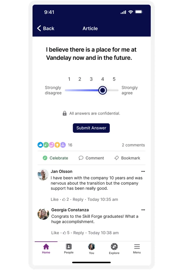 A survey screen with a 5-point agreement scale, comments, and reactions. Users discuss company support and congratulate Skill Forge graduates.