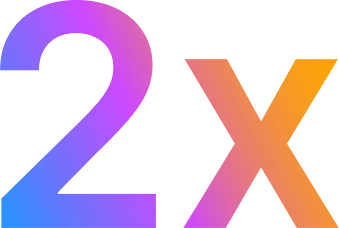 The image shows "2X" in a gradient color, transitioning from purple to orange.