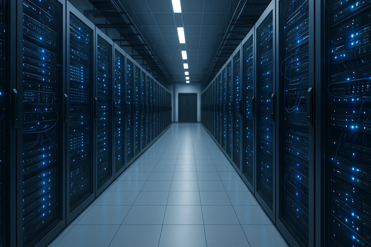 A dimly lit server room with rows of servers on both sides, glowing blue lights, and a tiled floor leading to a closed door.
