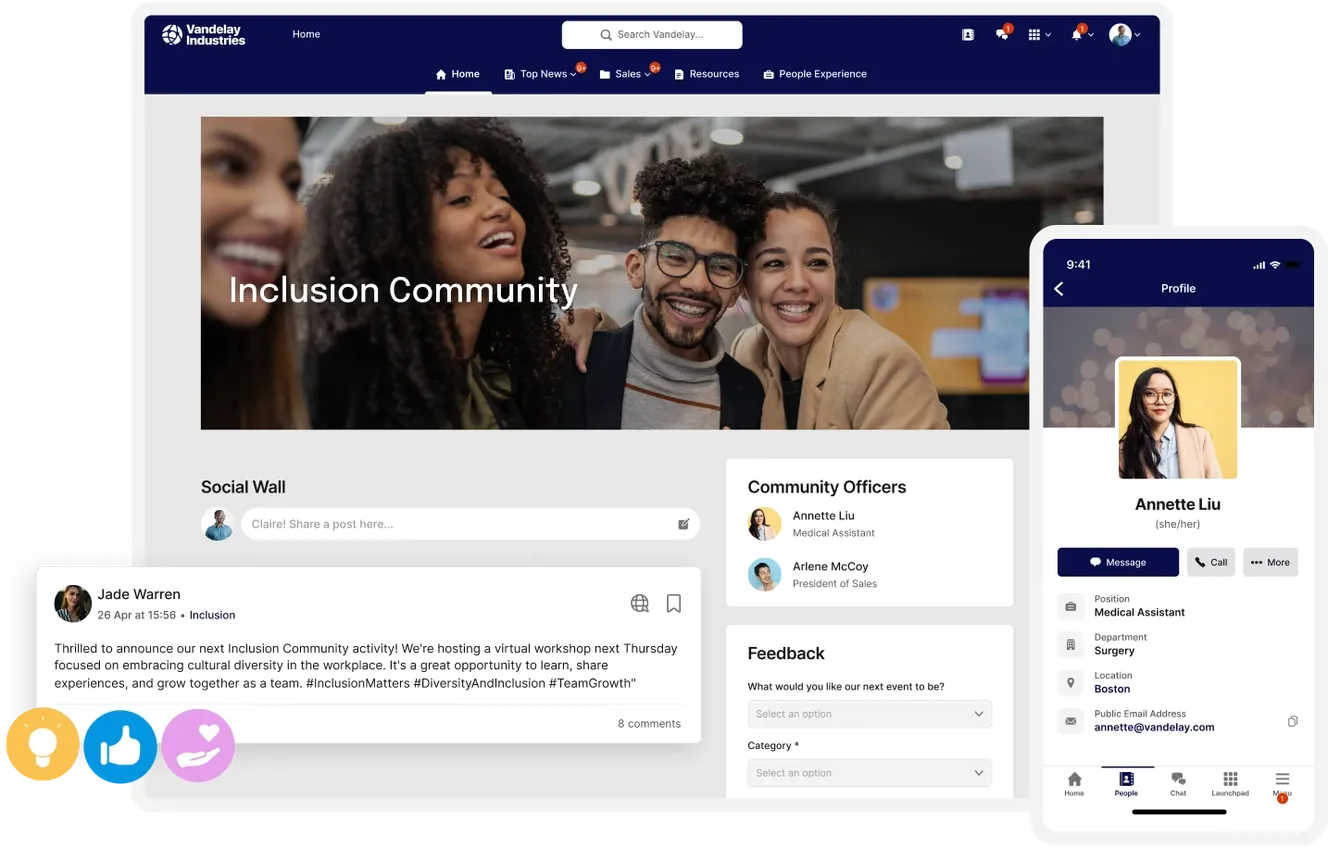A digital platform displaying an "Inclusion Community" page with user posts, feedback, and member profiles on desktop and mobile screens.