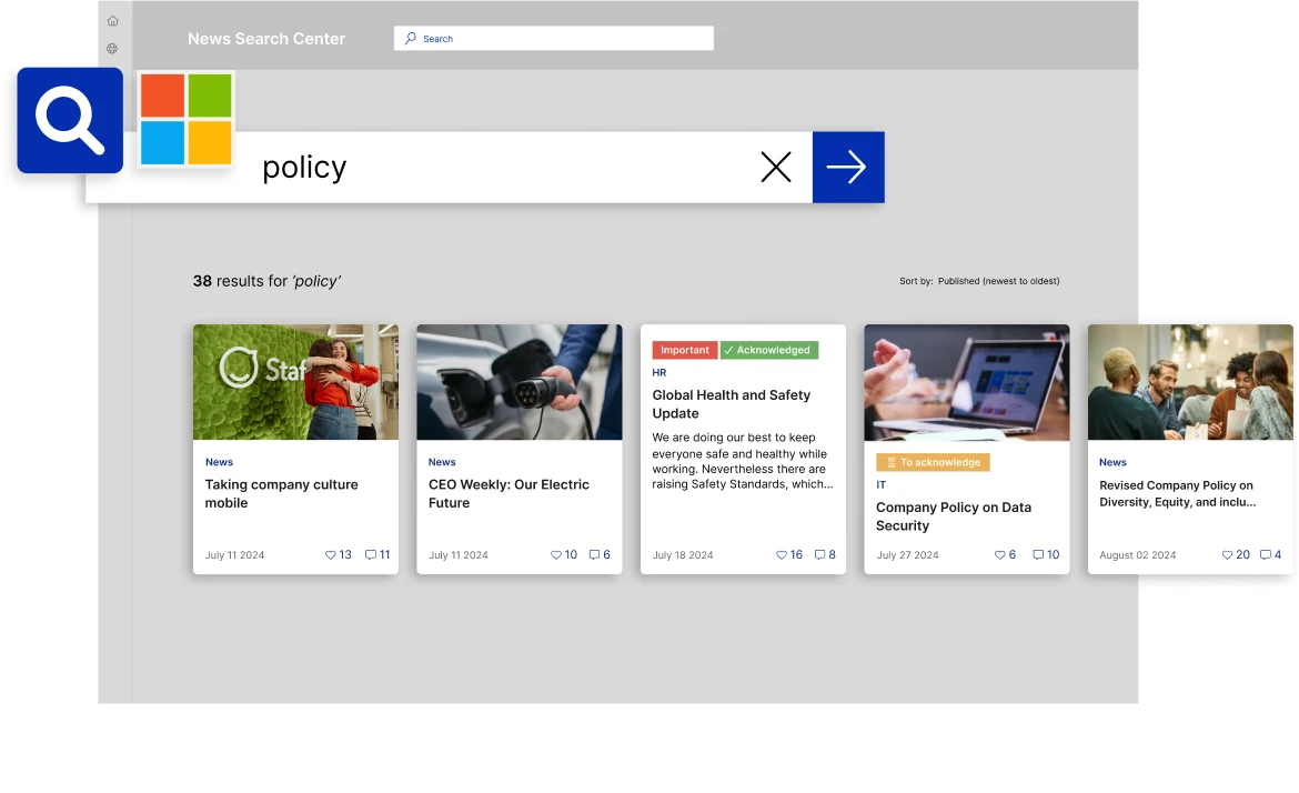 Search results for "policy" showing articles on company culture, electric future, health and safety, and data security.