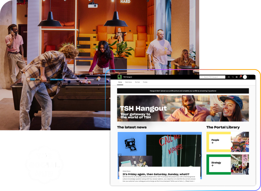 People playing pool in a lively room with a website screenshot of "TSH Hangout" featuring news and library sections.