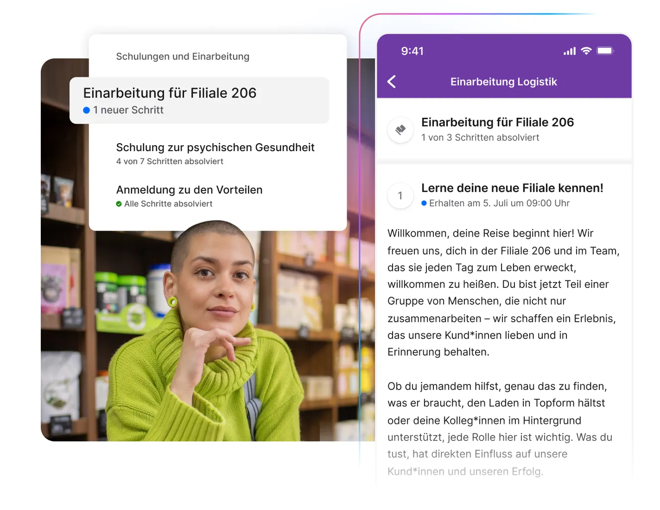 Eine Mitarbeiterin sitzt in einem Laden und blickt in die Kamera. Daneben zeigt ein Smartphone-Screenshot einen Onboarding-Ablauf mit einzelnen Lernschritten.
