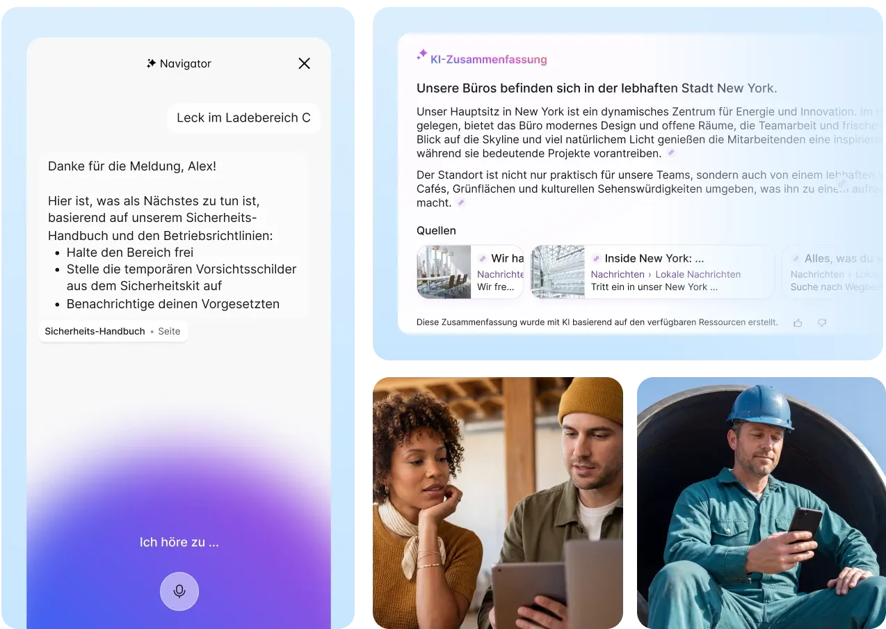 Staffbase KI-Assistent mit Spracheingabe, Handlungsempfehlungen zu einem gemeldeten Problem und einer KI-generierten Zusammenfassung von Standortinformationen mit Quellenangaben.