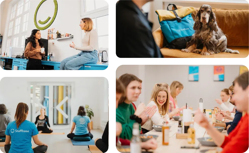 Collage of Staffbase moments including a kitchen chat, a dog on a Staffbase bag, a yoga session, and colleagues laughing over lunch.