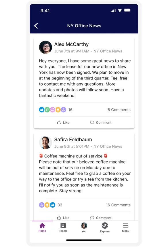 Mobile app screen showing two news posts. Top post discusses a new office lease in New York. Bottom post informs about a coffee machine outage.
