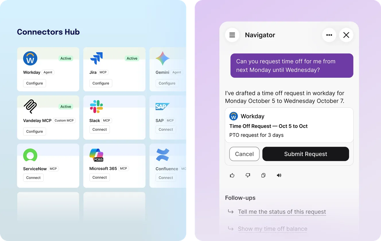 Staffbase Connectors Hub showing active Workday, Jira and Vandelay MCP integrations, next to the Navigator AI assistant drafting a Workday time off request.