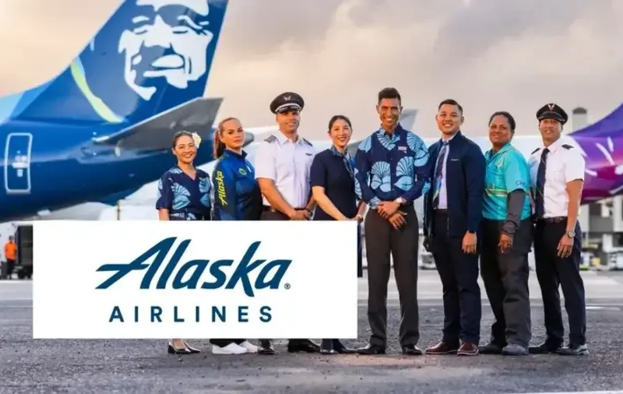 Alaska Airlines logo over photo of pilots and cabin crew standing on the tarmac in front of an Alaska Airlines plane.