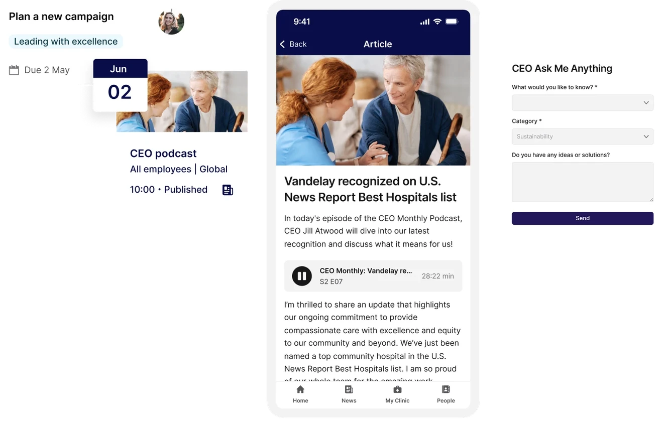 A collage showing a calendar event, podcast details, and a Q&A form, all related to a CEO discussing hospital recognition and excellence.