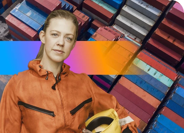 Person in an orange jacket holding a yellow helmet, standing in front of stacked shipping containers with a colorful gradient overlay.
