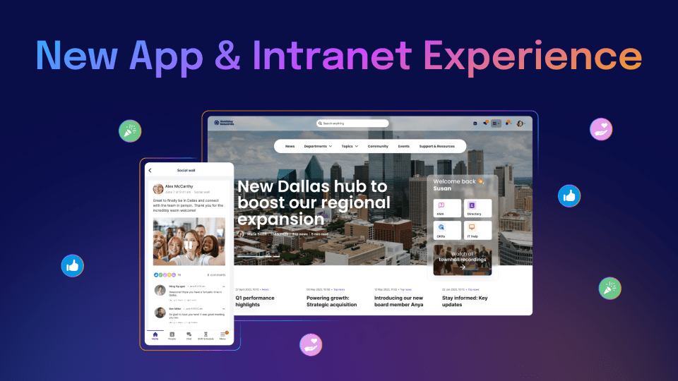 Screens displaying a new Staffbase employee app and intranet interface