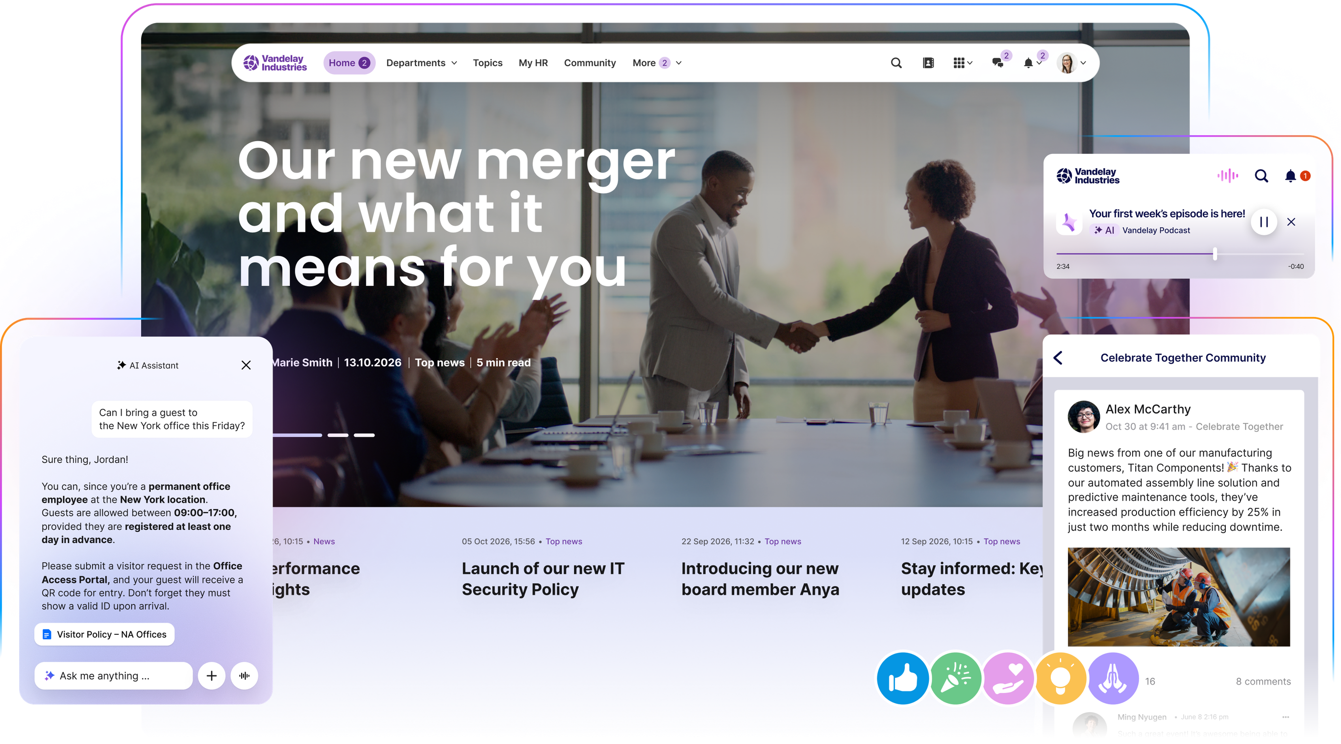 A digital interface showing a company meeting, chat windows, and notifications about a merger and new IT security policy.