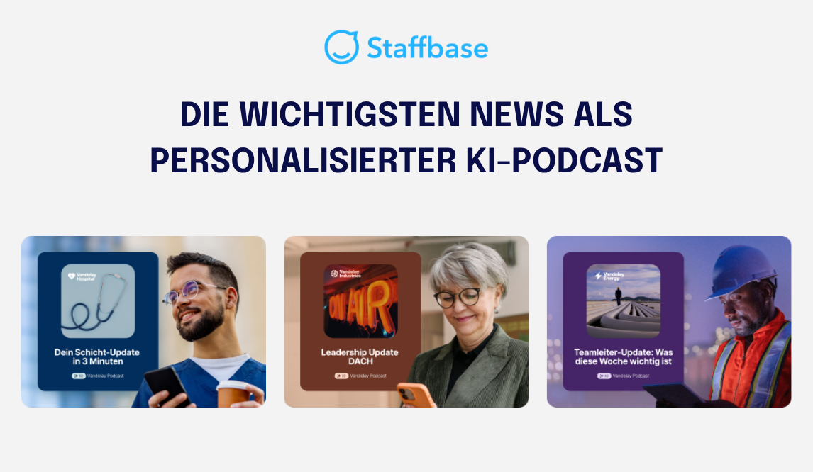 Die Grafik zeigt, wie Mitarbeitende Unternehmensnews als personalisierten KI-Podcast erhalten – passgenau auf Rolle, Region und Interessen zugeschnitten.