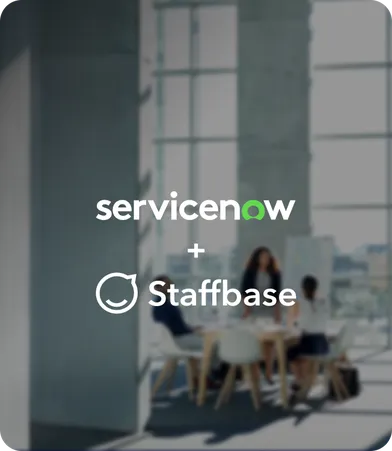 Company logos of ServiceNow and Staffbase over a blurred office meeting scene.