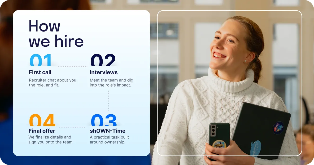 "How we hire" graphic listing four steps — First call, Interviews, shOWN-Time, and Final offer — beside a photo of a smiling employee holding a laptop.