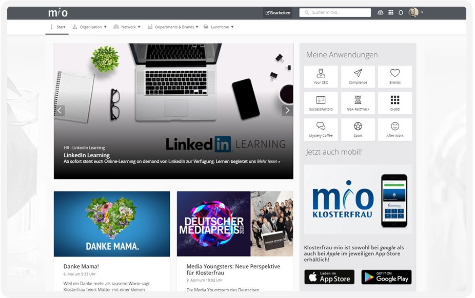 A webpage with a LinkedIn Learning banner, app icons, and sections for "Danke Mama!" and "Deutscher Mediapreis."