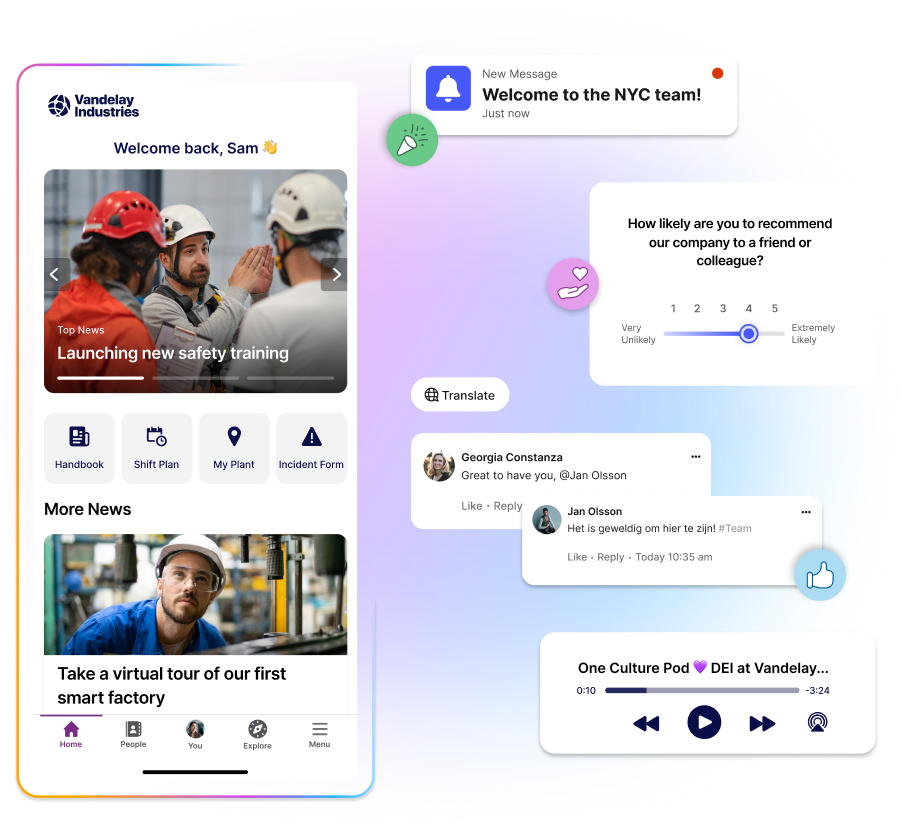 Mobile app interface showing safety training news, user comments, and feedback options, with a colorful background and notification icons.