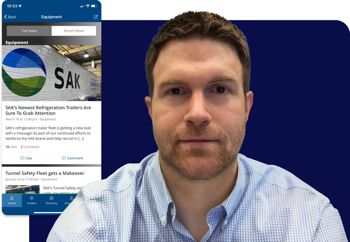 Man in a checkered shirt in front of a digital background displaying a mobile app with news about SAK's refrigeration trailers.