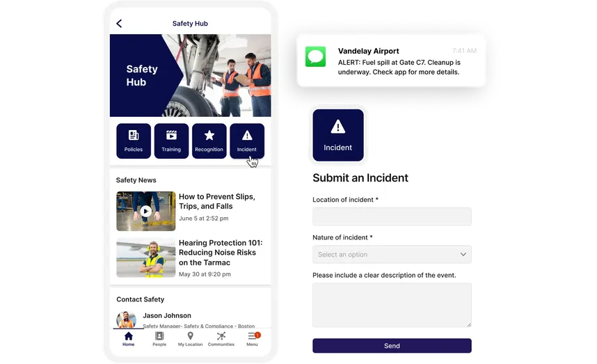 Mobile interface showing a safety app with options like "News" and "Submit an Incident." A notification about a spill at Vandelay Airport is visible.