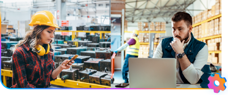 Non-Desk-Mitarbeiterin in der Produktion mit Smartphone und Desk-Mitarbeiter im Lager mit Laptop