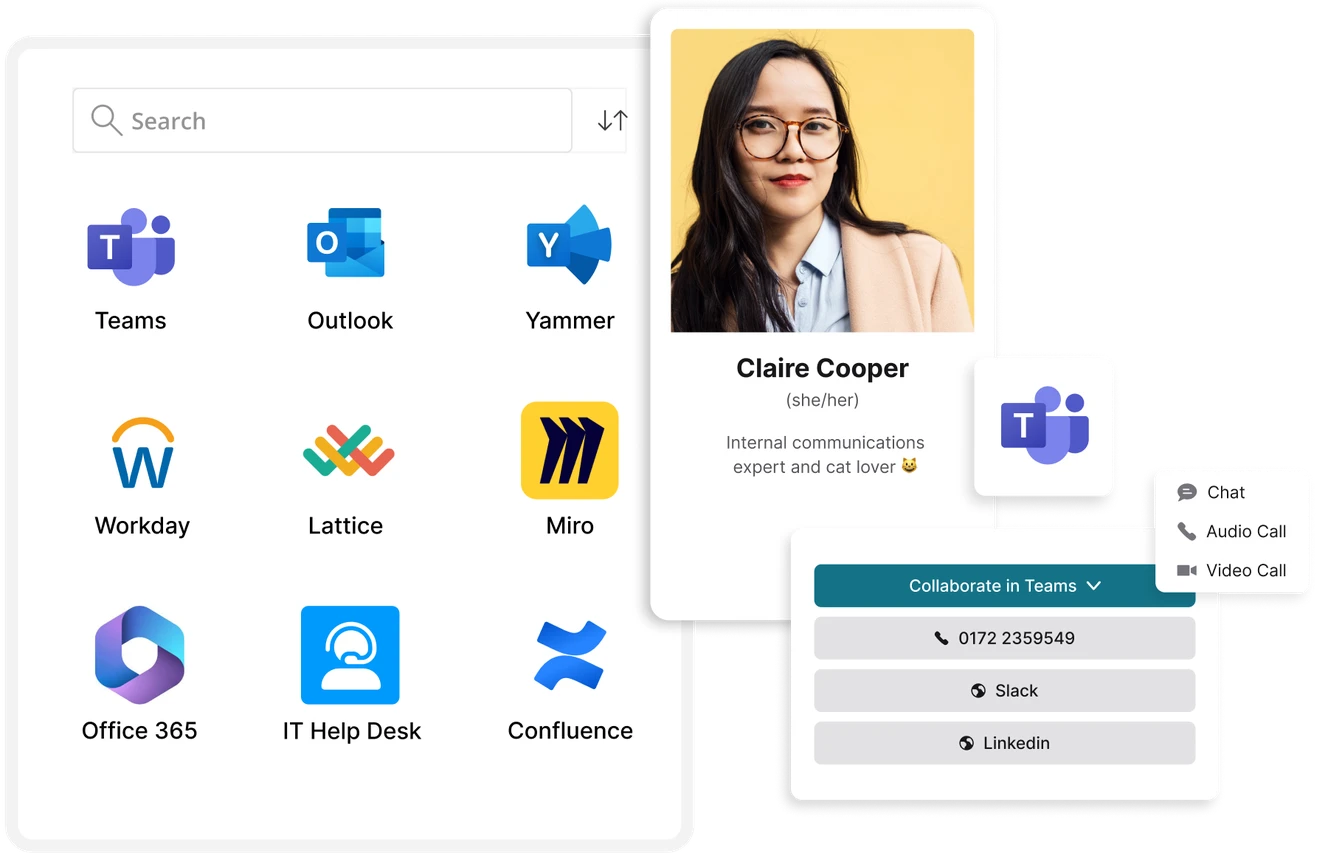 A digital interface displaying various app icons, a profile card of a woman labeled "Claire Cooper," and communication options like Slack and LinkedIn.