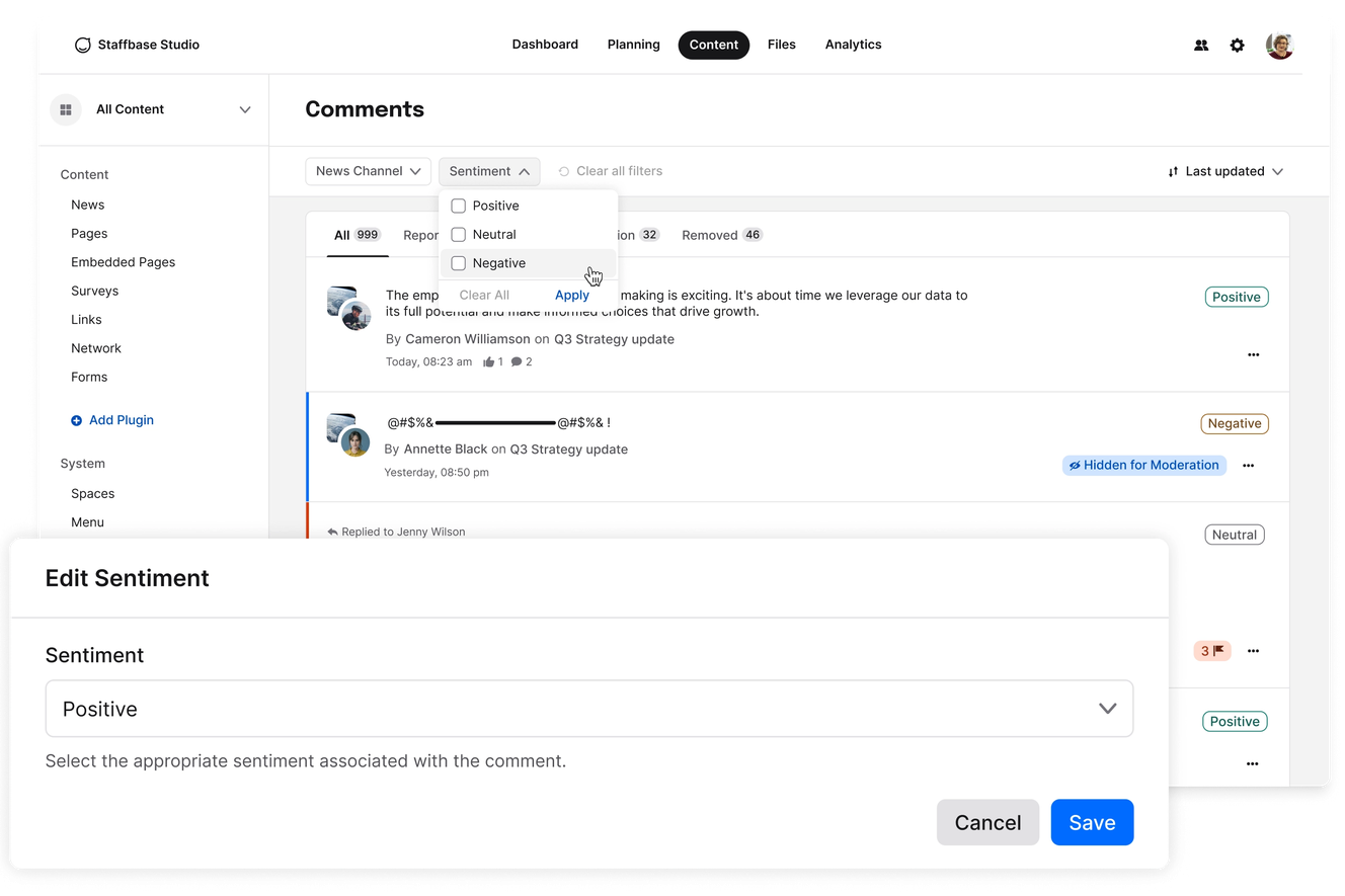 Dashboard interface showing a comments section with sentiment analysis options. A pop-up window allows editing sentiment to "Positive."