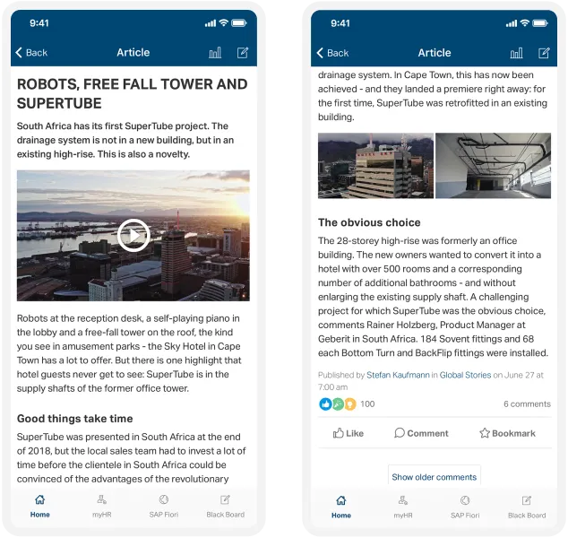 Two smartphone screens display an article about Cape Town's SuperTube project, featuring images of a cityscape and an indoor space with pipes.