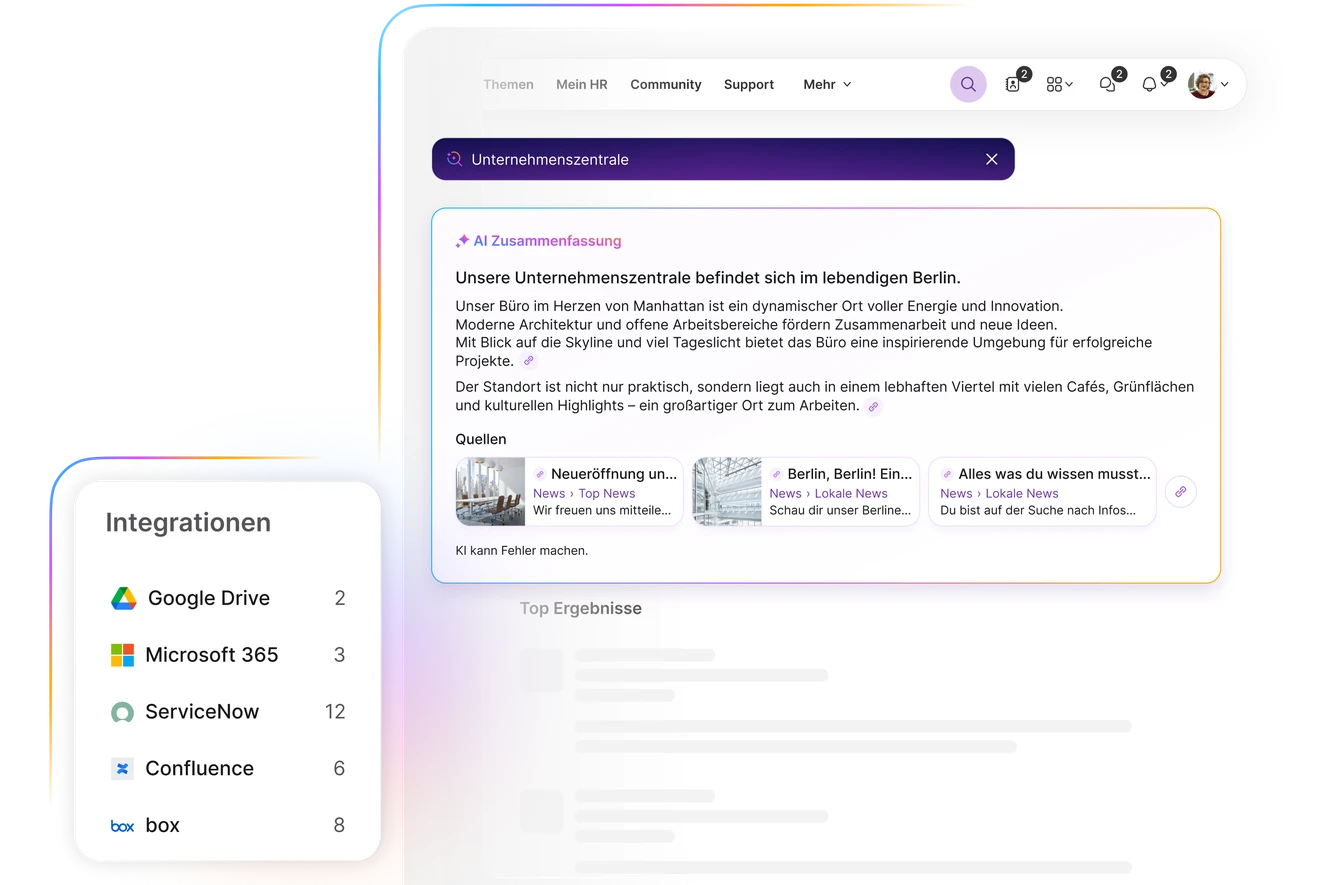 Darstellung der intelligenten Suchfunktion der Plattform. Nach Eingabe von "Unternehmenszentrale" liefert eine "AI Zusammenfassung" Informationen zum Standort Berlin. Darunter sind Quell-Artikel ("Neueröffnung un...", "Berlin, Berlin! Ein...", "Alles was du wissen musst...") aufgeführt. Links unten listet ein Widget "Integrationen" wie Google Drive, Microsoft 365, ServiceNow, Confluence und box auf.
