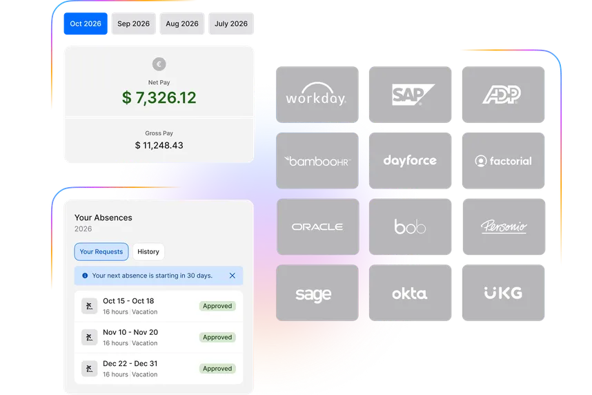 Dashboard displaying pay summary, absence requests, and logos of various HR software companies.