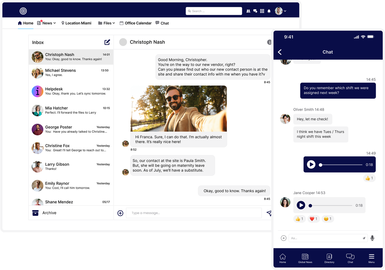 A desktop and mobile interface displaying a messaging app with chat conversations and an inbox.