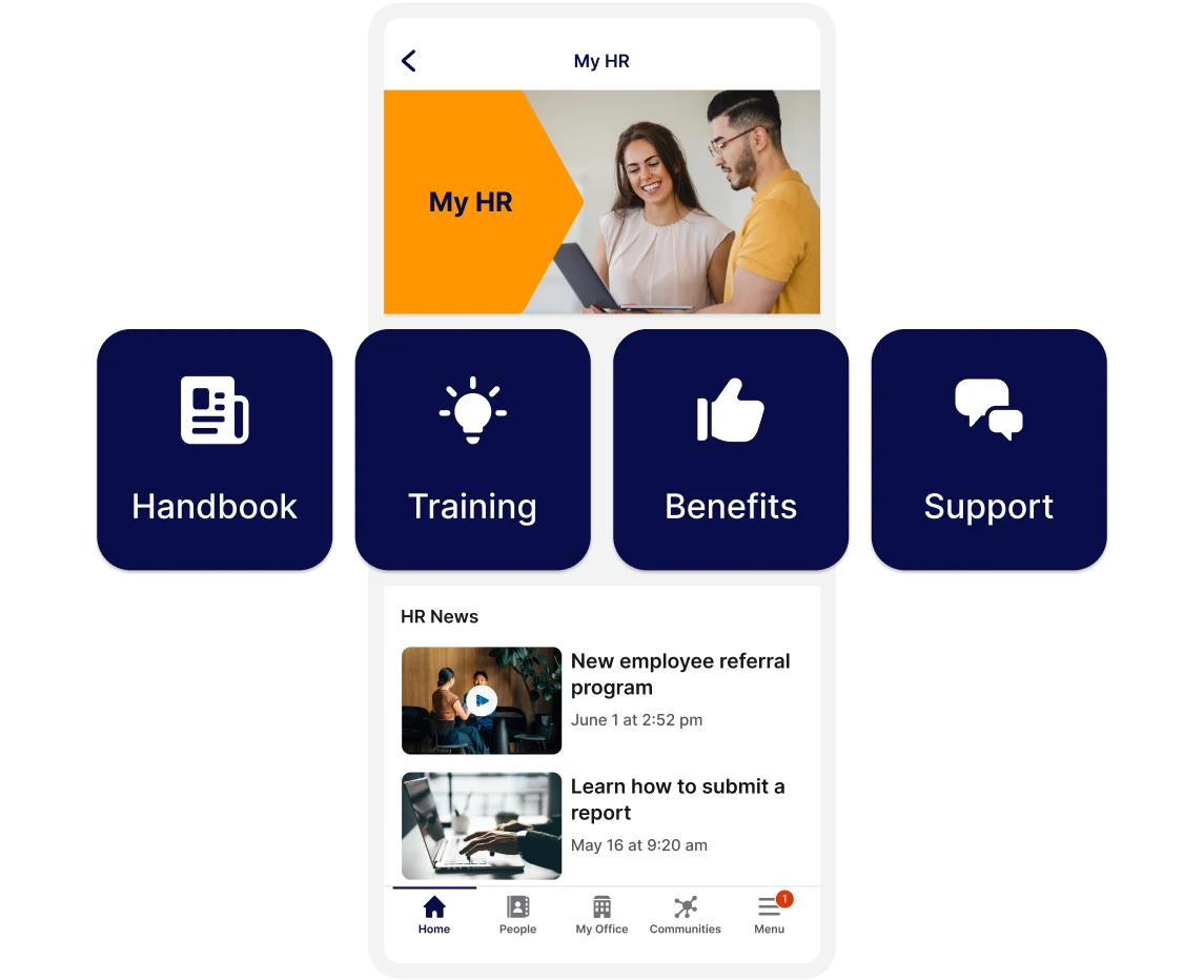 Mobile app interface showing HR resources: Handbook, Training, Benefits, Support. Includes HR news updates and a smiling man and woman on screen.