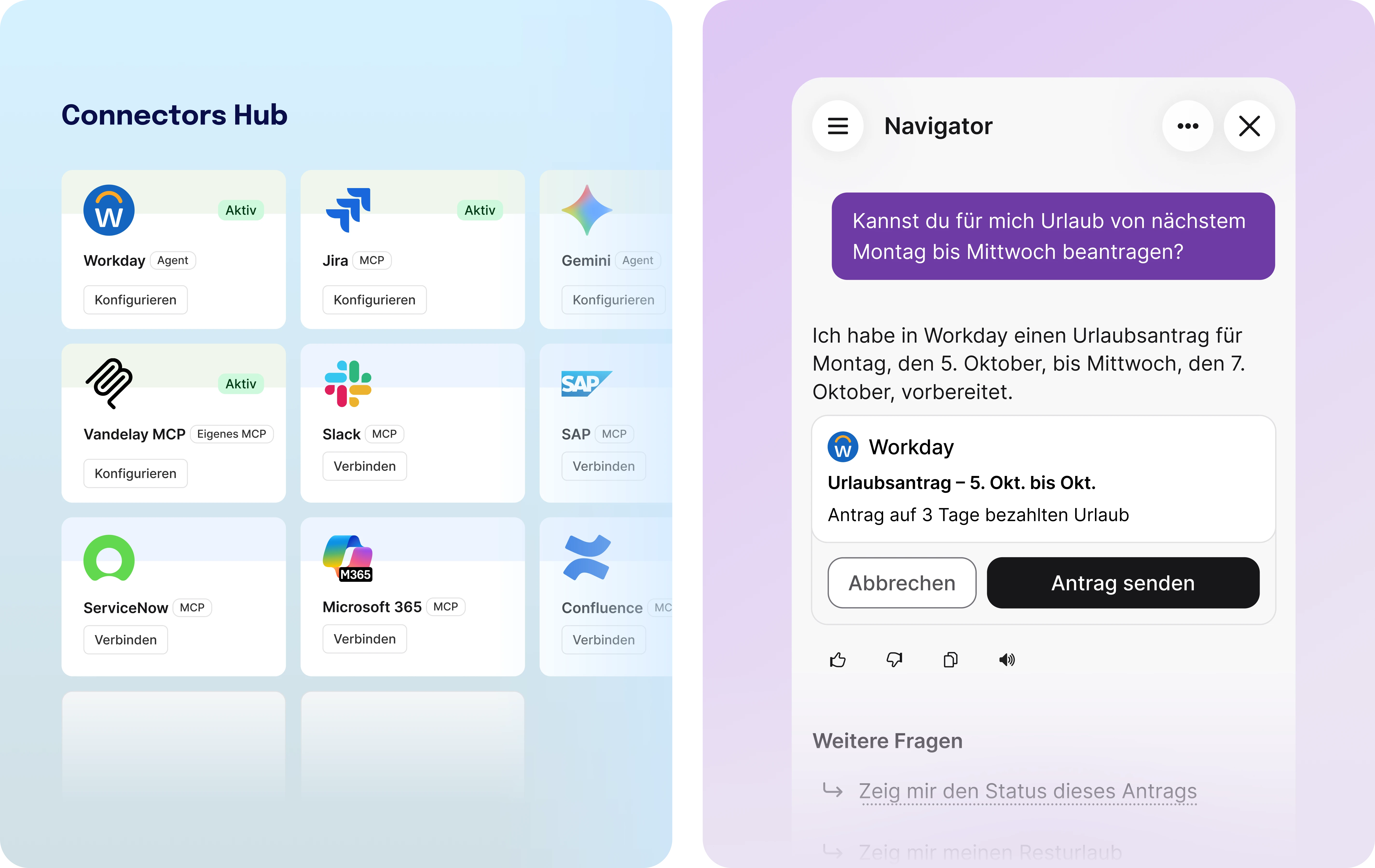 Staffbase Connectors Hub mit aktiven Workday-, Jira- und Vandelay-MCP-Verbindungen sowie der KI-Assistent Navigator, der einen Urlaubsantrag in Workday vorbereitet.