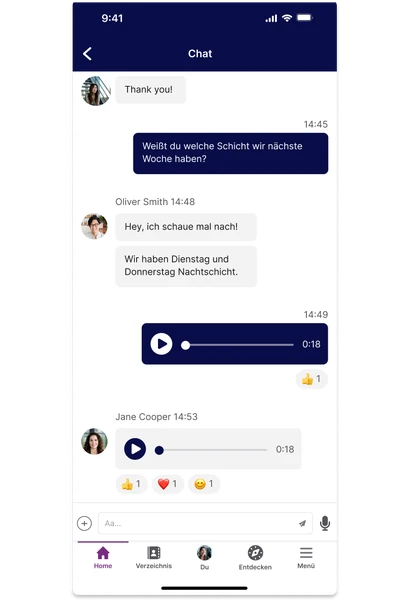 A chat app screen showing a conversation about work shifts, with text and voice messages, and options to like or reply.