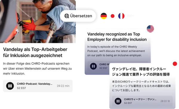 Podcast episode with text in multiple languages discussing Vandelay's recognition as a top employer for disability inclusion.